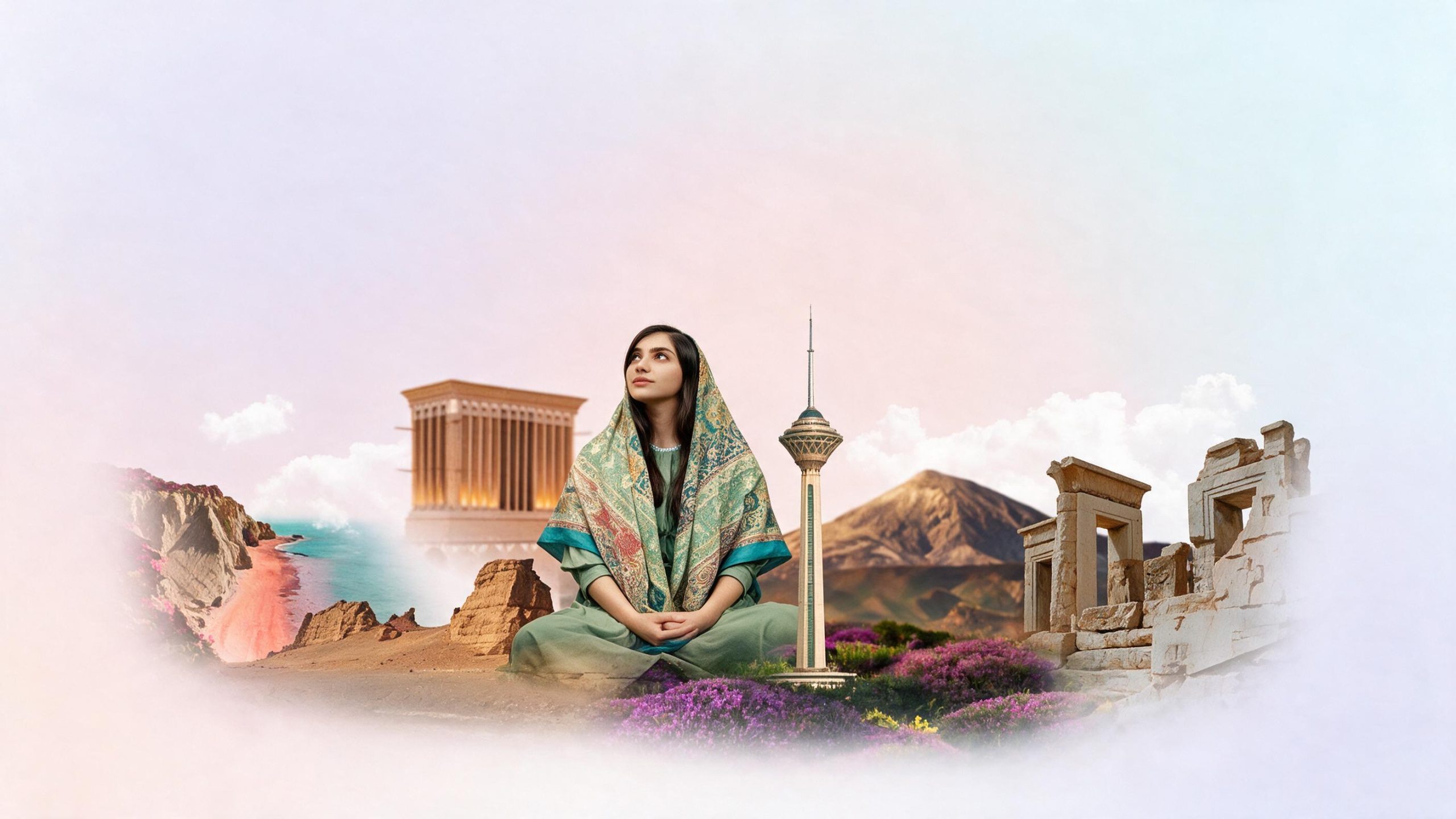 مسافری با روسری سنتی در برابر برج میلاد و ارگ تاریخی